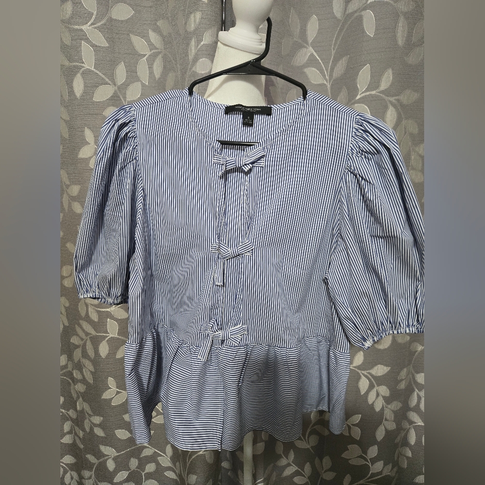 Marc New York Blue & White Striped Tie-Front Puff Sleeve Blouse